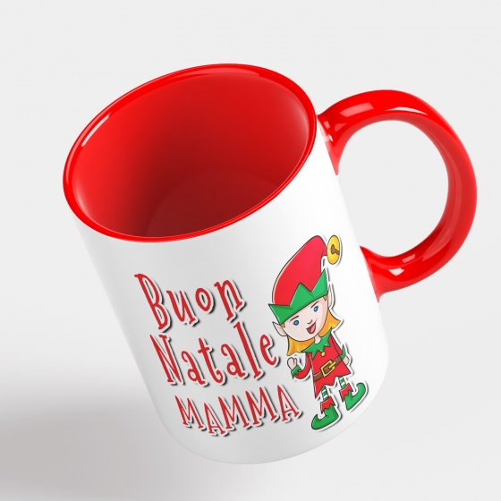 Tazza Buon Natale Mamma - Idea Regalo con Manico e Interno Rosso, Folletto e scritta Nataliazia - Mug 320 ml in Ceramica