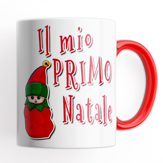 Tazza Il mio primo Natale - Idea Regalo con Manico e Interno Rosso, Baby Folletto e scritta Nataliazia - Mug 320 ml in Ceramica
