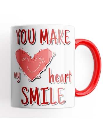 Tazza You Make my Heart Smile, Idea Regalo Amore San Valentino - Mug 320 ml in Ceramica Interno e Manico Rosso