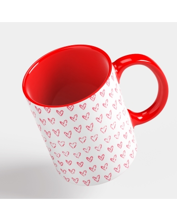 Tazza Semplice Pattern Cuori Cuoricini, Idea Regalo Amore San Valentino - Mug 320 ml in Ceramica Interno e Manico Rosso