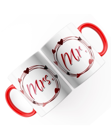 Coppia Tazze Mrs & Mr Cuori, Idea Regalo Amore San Valentino - Mug 320 ml in Ceramica Interno e Manico Rosso