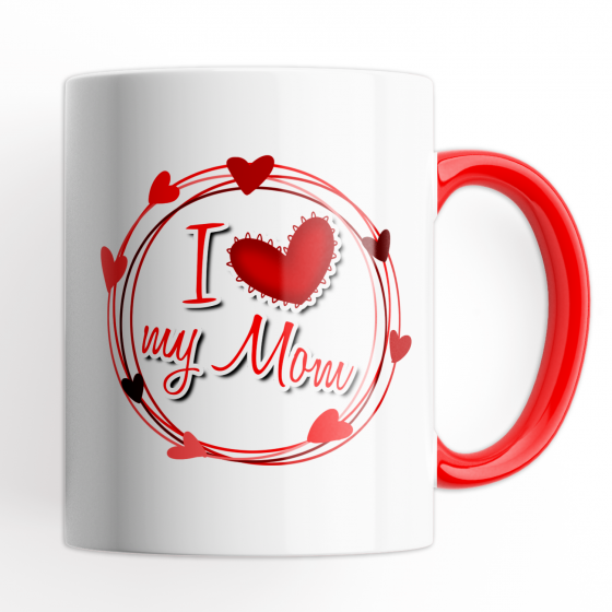 Tazza Festa della Mamma, I Love my Mom - Mug 320 ml in Ceramica Interno e Manico Rosso