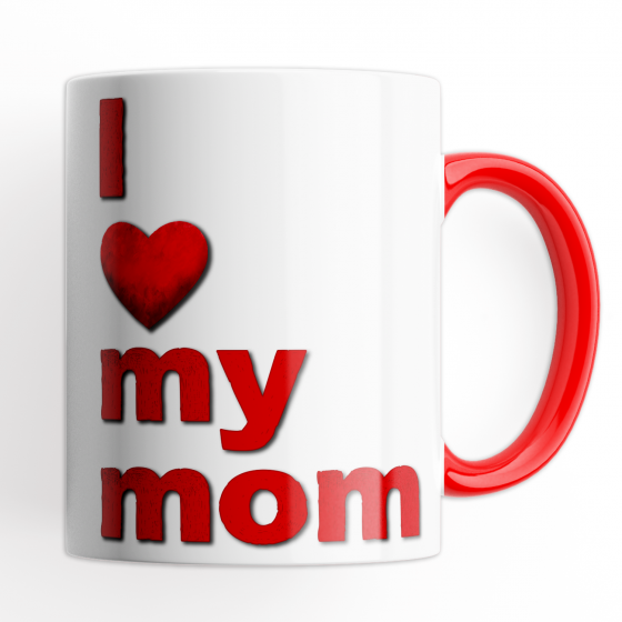 Tazza Festa della Mamma, I Love my Mom - Mug 320 ml in Ceramica Interno e Manico Rosso